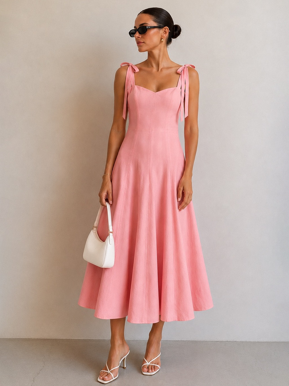 Commense Cotton Midi Dress Bow Straps L NWT